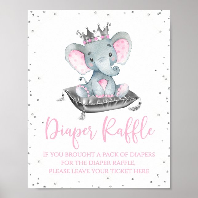 Girl Elephant Baby Shower Diaper Raffle Table Sign (Front)