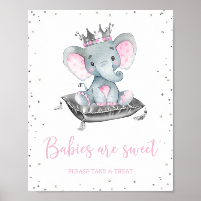 Girl Elephant Baby Shower Favor Table Signs (Front)