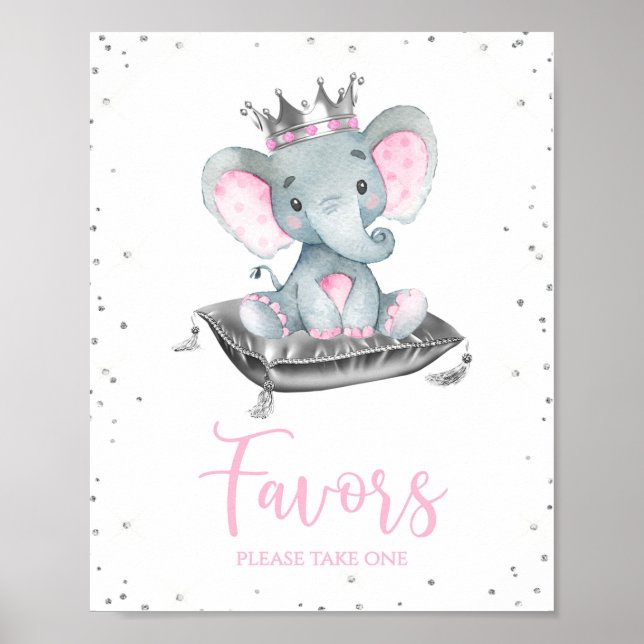Girl Elephant Baby Shower Favor Table Signs (Front)