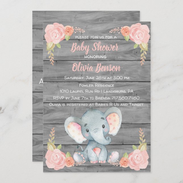 Girl Elephant Baby Shower Invitation (Front/Back)