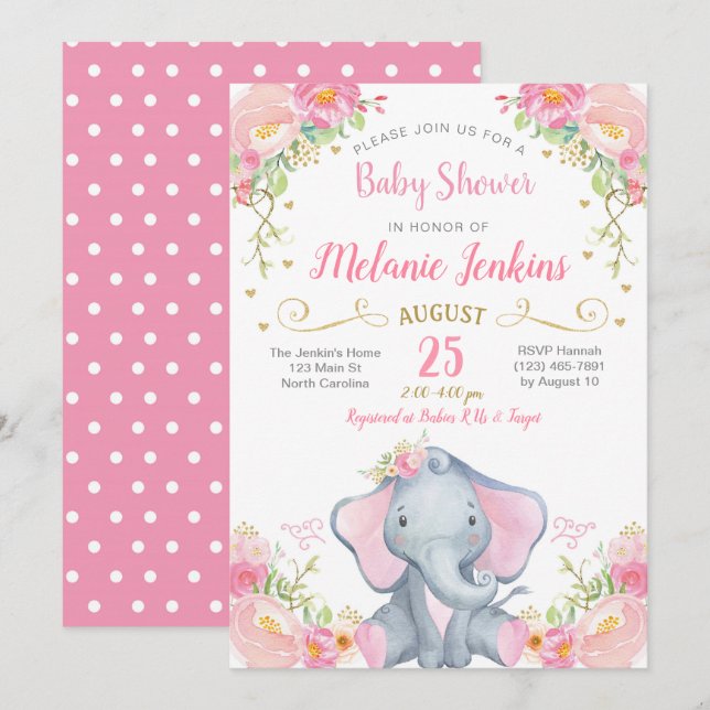 Girl Elephant Baby Shower Invitation (Front/Back)