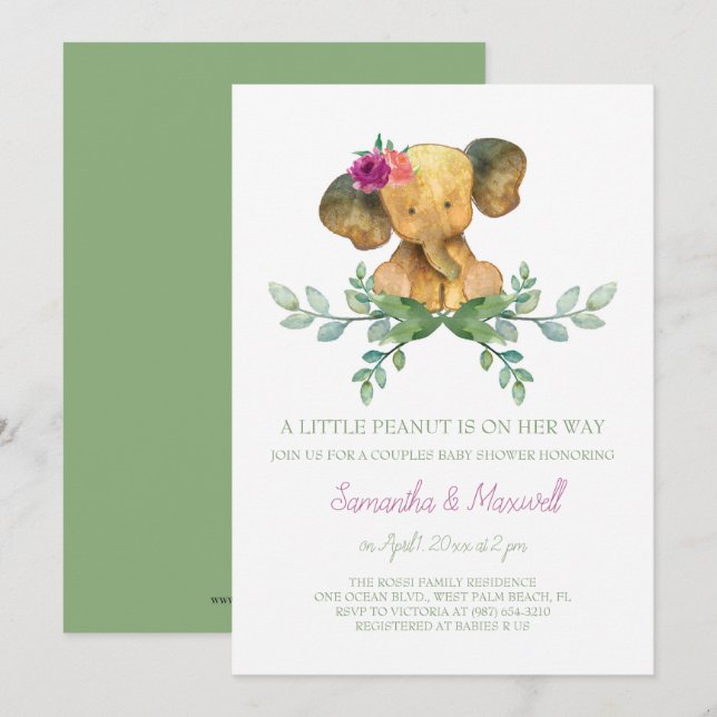 Girl Elephant Baby Shower Invitation (Front/Back)