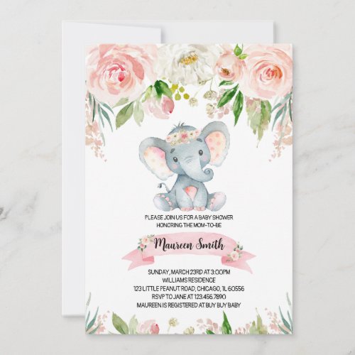 Girl Elephant Baby Shower Invitation