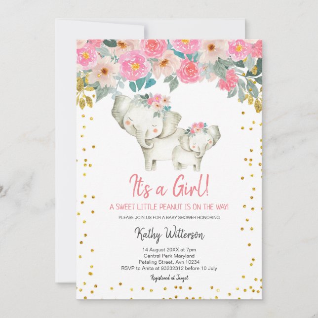 Girl Elephant Baby Shower Invitation (Front)