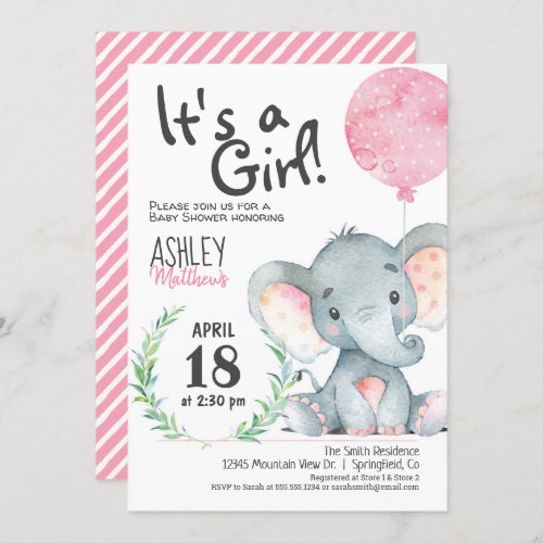 Girl Elephant Baby Shower Invitation