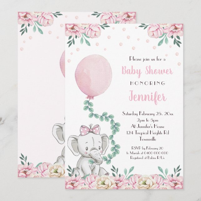 Girl Elephant Baby Shower Invitation Balloons (Front/Back)