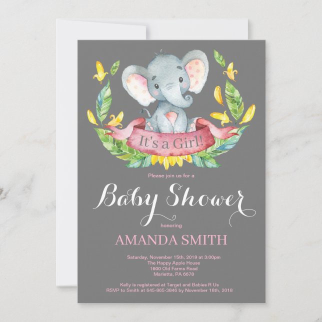 Girl Elephant Baby Shower Invitation Pink and Gray (Front)