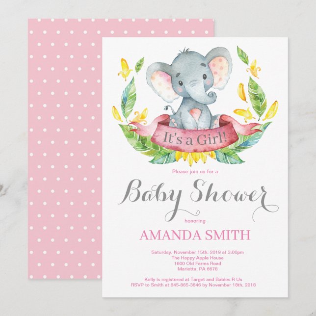Girl Elephant Baby Shower Invitation Pink and Gray (Front/Back)
