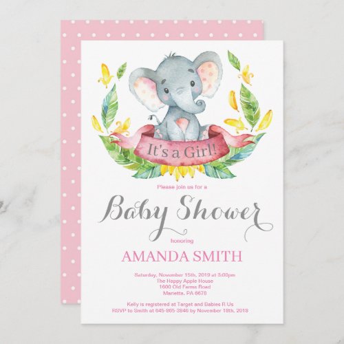 Girl Elephant Baby Shower Invitation Pink and Gray