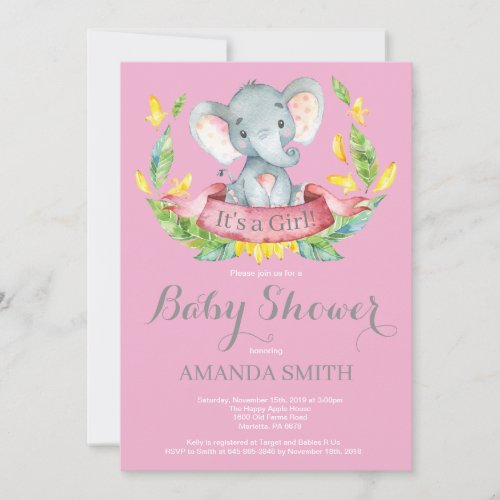 Girl Elephant Baby Shower Invitation Pink and Gray