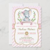 Girl Elephant Baby Shower Invitation Pink & Gold (Front)