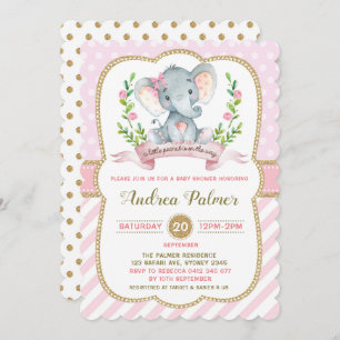 Girl Elephant Baby Shower Invitation Pink & Gold