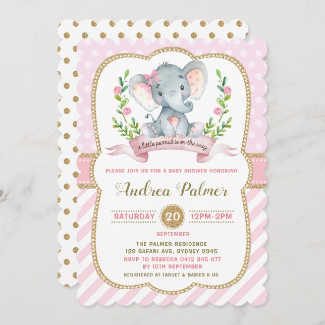Girl Elephant Baby Shower Invitation Pink & Gold (Front/Back)