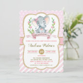 Girl Elephant Baby Shower Invitation Pink & Gold (Standing Front)