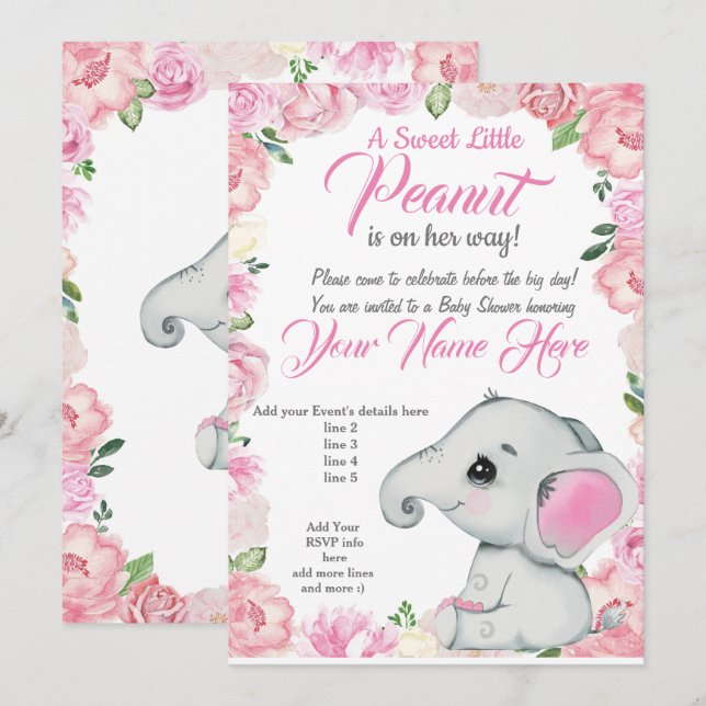 Girl Elephant Baby Shower Invitation roses pink (Front/Back)