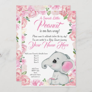 Girl Elephant Baby Shower Invitation roses pink