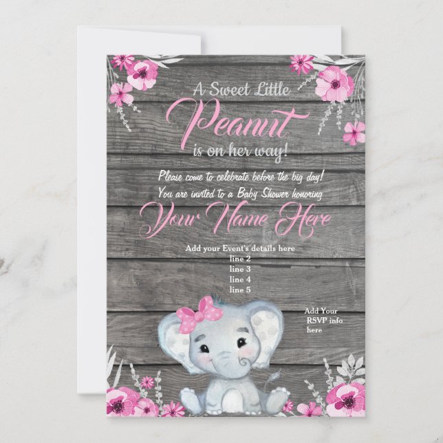 Girl Elephant Baby Shower Invitation, rustic, pink Invitation (Front)