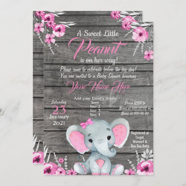 Girl Elephant Baby Shower Invitation, rustic, pink Invitation (Front/Back)