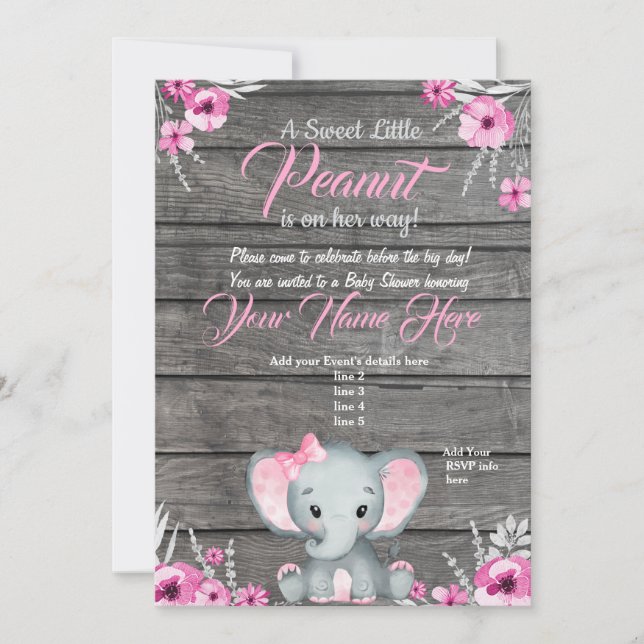 Girl Elephant Baby Shower Invitation, rustic, pink Invitation (Front)