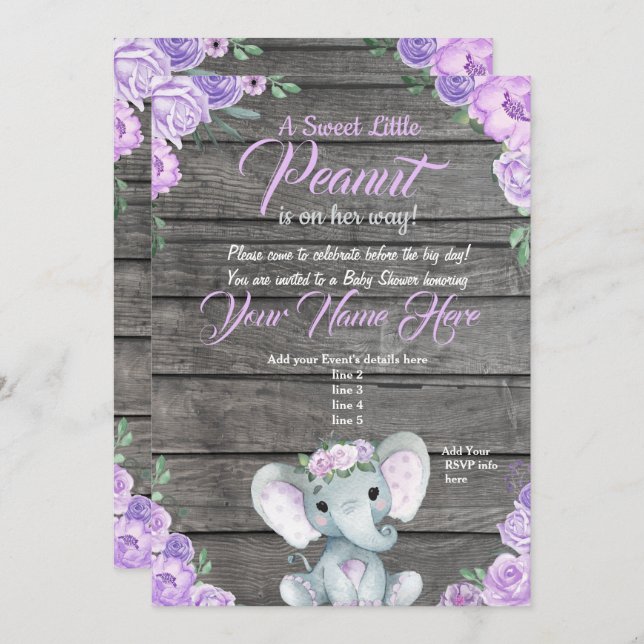 Girl Elephant Baby Shower Invitation rustic purple (Front/Back)