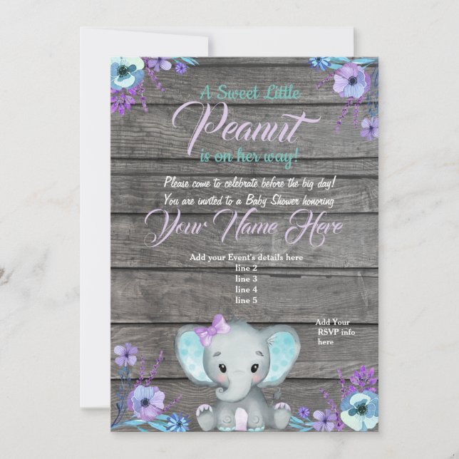 Girl Elephant Baby Shower Invitation, rustic, teal Invitation (Front)