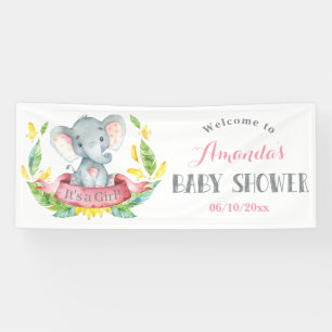 Girl Elephant Baby Shower Pink and Gray Banner