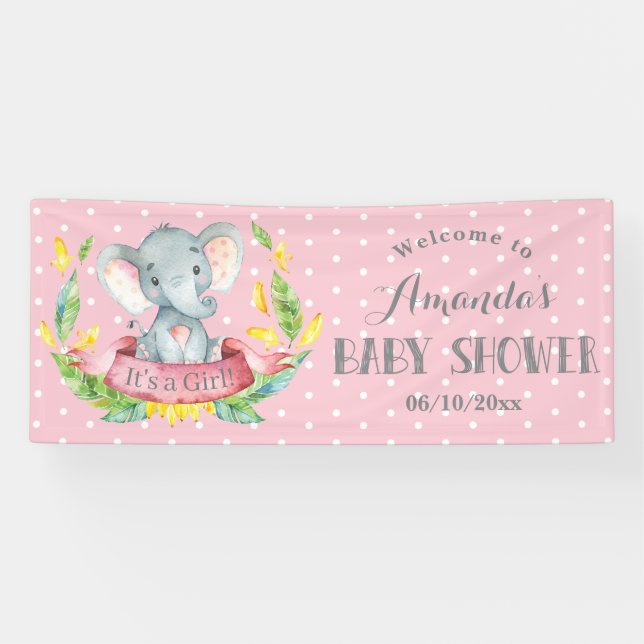 Girl Elephant Baby Shower Pink and Gray Banner (Horizontal)