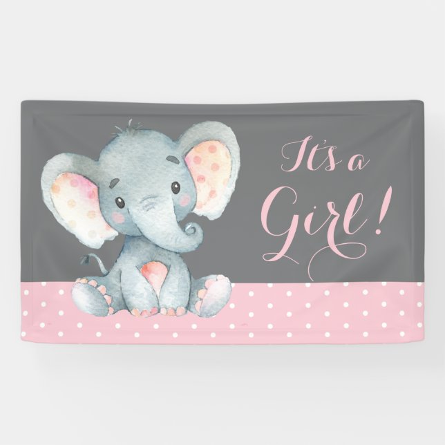 Girl Elephant Baby Shower Pink and Gray Banner (Horizontal)