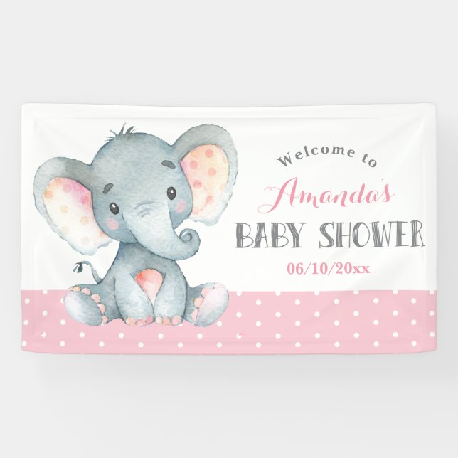 Girl Elephant Baby Shower Pink and Gray Banner (Horizontal)