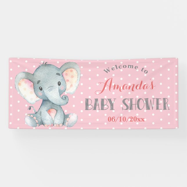 Girl Elephant Baby Shower Pink and Gray Banner (Horizontal)