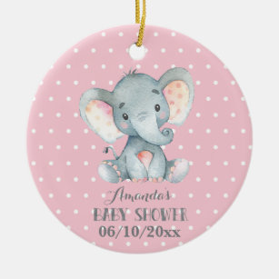 Girl Elephant Baby Shower Pink and Gray Ceramic Ornament