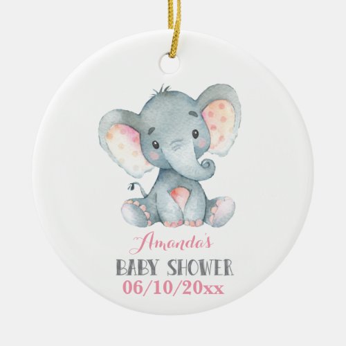 Girl Elephant Baby Shower Pink and Gray Ceramic Ornament