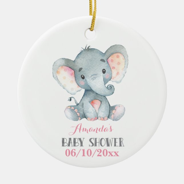 Girl Elephant Baby Shower Pink and Gray Ceramic Ornament (Front)
