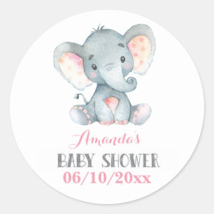 Girl Elephant Baby Shower Pink and Gray Classic Round Sticker