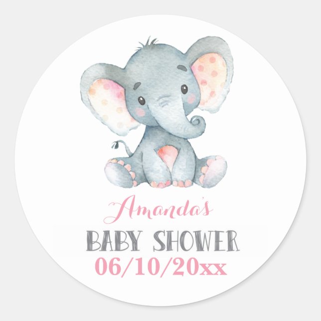 Girl Elephant Baby Shower Pink and Gray Classic Round Sticker (Front)