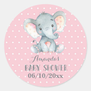 Girl Elephant Baby Shower Pink and Gray Classic Round Sticker