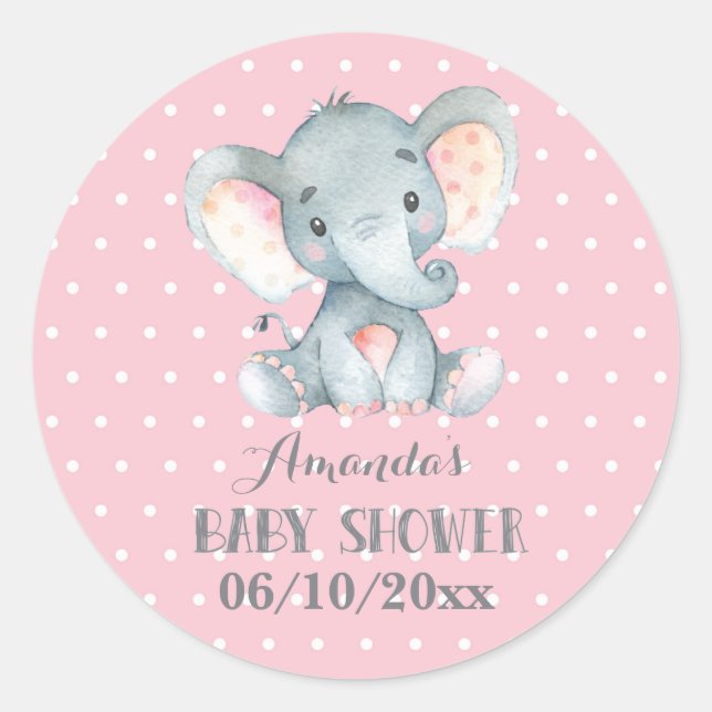 Girl Elephant Baby Shower Pink and Gray Classic Round Sticker (Front)