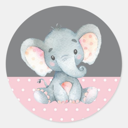 Girl Elephant Baby Shower Pink and Gray Classic Round Sticker