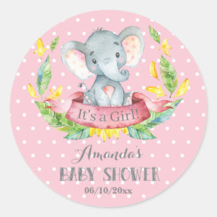 Girl Elephant Baby Shower Pink and Gray Classic Round Sticker