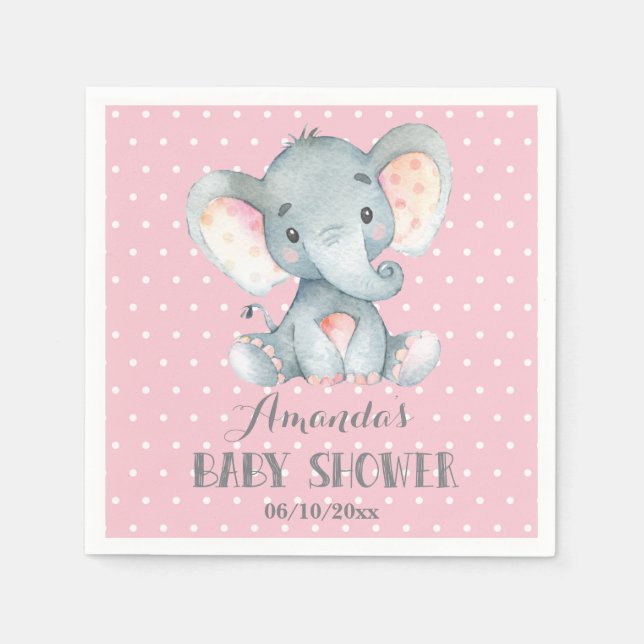 Girl Elephant Baby Shower Pink and Gray Napkins (Front)
