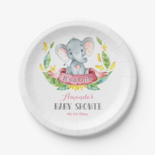 Girl Elephant Baby Shower Pink and Gray Paper Plates