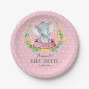 Girl Elephant Baby Shower Pink and Gray Paper Plates