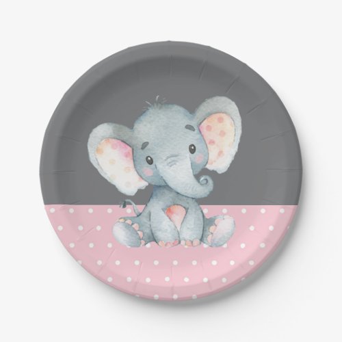 Girl Elephant Baby Shower Pink and Gray Paper Plates
