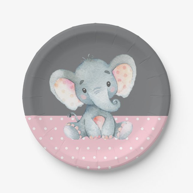 Girl Elephant Baby Shower Pink and Gray Paper Plates (Front)