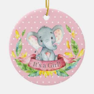 Girl Elephant Baby Shower Pink Ceramic Ornament