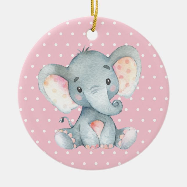 Girl Elephant Baby Shower Pink Ceramic Ornament (Front)
