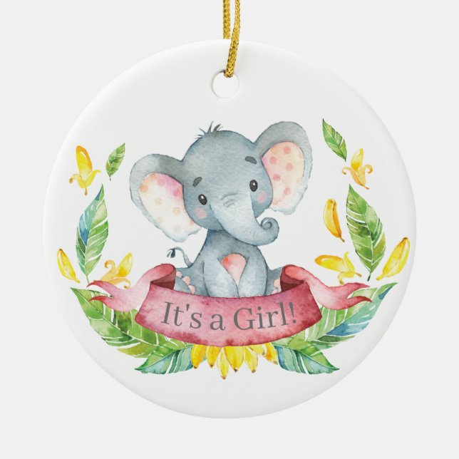 Girl Elephant Baby Shower Pink Ceramic Ornament (Front)