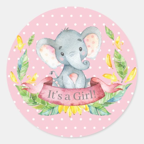 Girl Elephant Baby Shower Pink Classic Round Sticker