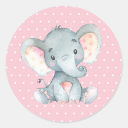 Girl Elephant Baby Shower Pink Classic Round Sticker