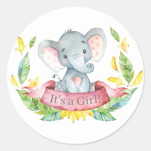 Girl Elephant Baby Shower Pink Classic Round Sticker